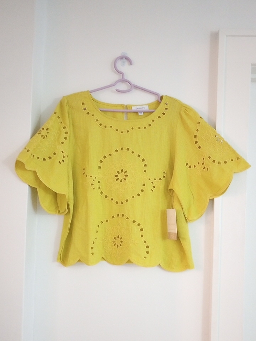 Anthropologie Calligraphie Linen Blend Embroidered Eyelet Blouse Yellow M